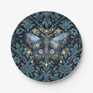 Mystical Watercolor Blue and Gold Night Moth Paper Plate