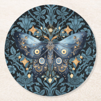 Mystical Watercolor Blue and Gold Night Moth Round Paper Coaster