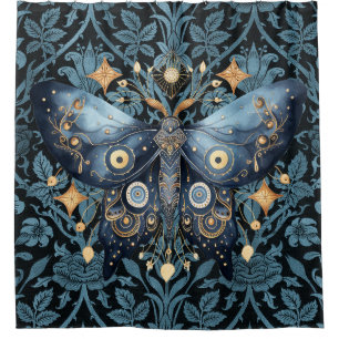 Mystical Watercolor Blue and Gold Night Moth Shower Curtain