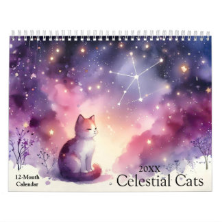 Mystical Watercolor Celestial Cats 2026 Wall Calendar