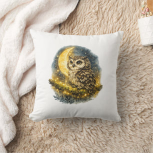 Mystical Watercolor Owl and Golden Crescent Moon Cushion