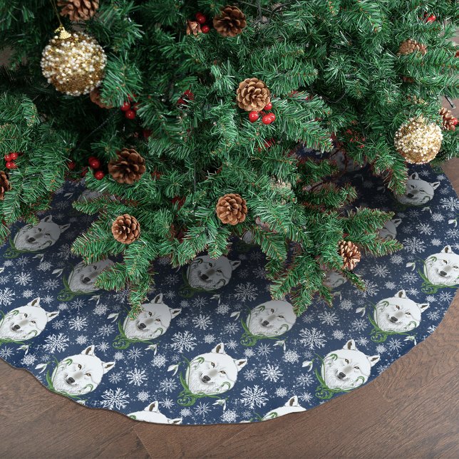 Mystical White Arctic Wolf Winter Snowdrop Blue Brushed Polyester Tree Skirt (Creator Uploaded)