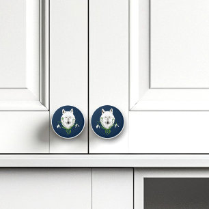 Mystical White Arctic Wolf Winter Snowdrop Blue Ceramic Knob