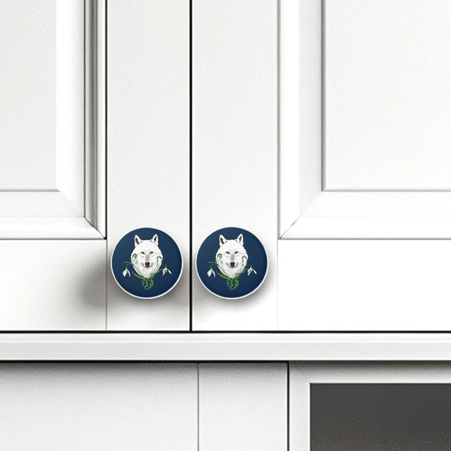 Mystical White Arctic Wolf Winter Snowdrop Blue Ceramic Knob (Creator Uploaded)