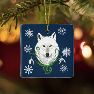 Mystical White Arctic Wolf Winter Snowdrop Blue Ceramic Ornament