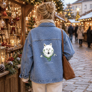 Mystical White Arctic Wolf Winter Snowdrop Blue Denim Jacket