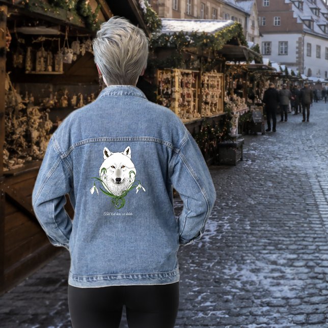 Mystical White Arctic Wolf Winter Snowdrop Blue Denim Jacket (Creator Uploaded)