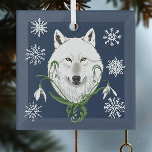 Mystical White Arctic Wolf Winter Snowdrop Blue Glass Tree Decoration