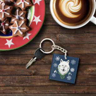 Mystical White Arctic Wolf Winter Snowdrop Blue Key Ring