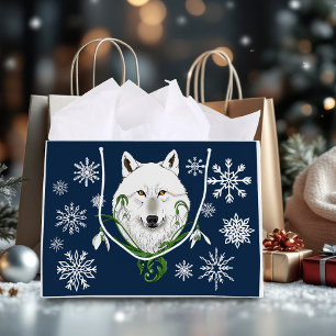 Mystical White Arctic Wolf Winter Snowdrop Blue Large Gift Bag