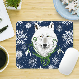 Mystical White Arctic Wolf Winter Snowdrop Blue Mouse Mat