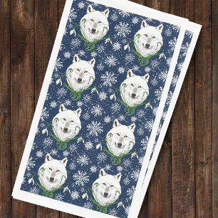 Mystical White Arctic Wolf Winter Snowdrop Blue Napkin