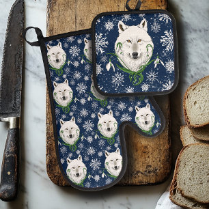Mystical White Arctic Wolf Winter Snowdrop Blue Oven Mitt & Pot Holder Set