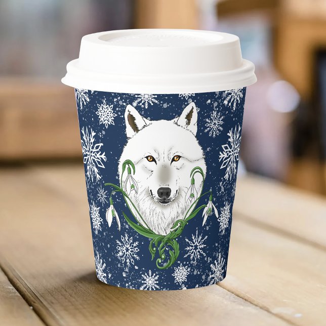 Mystical White Arctic Wolf Winter Snowdrop Blue Paper Cups (Creator Uploaded)