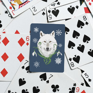 Mystical White Arctic Wolf Winter Snowdrop Blue Playing Cards