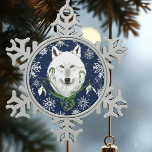 Mystical White Arctic Wolf Winter Snowdrop Blue Snowflake Pewter Christmas Ornament
