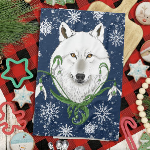 Mystical White Arctic Wolf Winter Snowdrop Blue Tea Towel