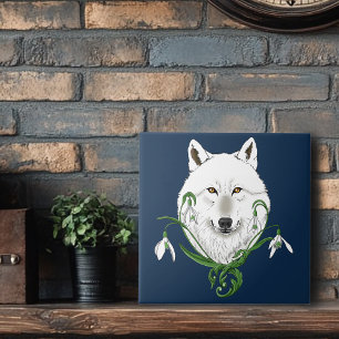 Mystical White Arctic Wolf Winter Snowdrop Blue Tile