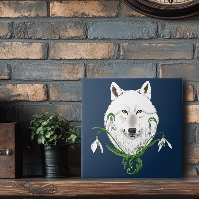 Mystical White Arctic Wolf Winter Snowdrop Blue Tile (Creator Uploaded)