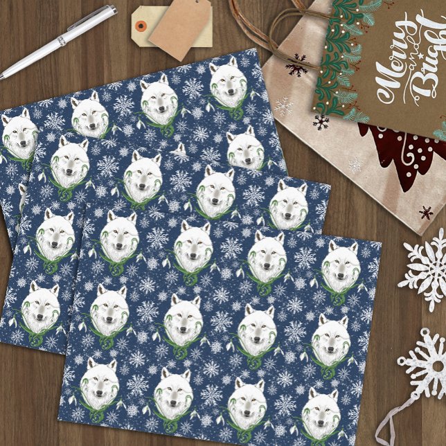 Mystical White Arctic Wolf Winter Snowdrop Blue Tissue Paper (Creator Uploaded)