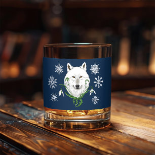 Mystical White Arctic Wolf Winter Snowdrop Blue Whiskey Glass