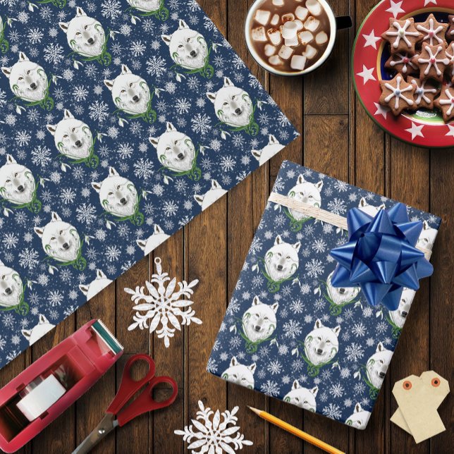 Mystical White Arctic Wolf Winter Snowdrop Blue Wrapping Paper (Creator Uploaded)