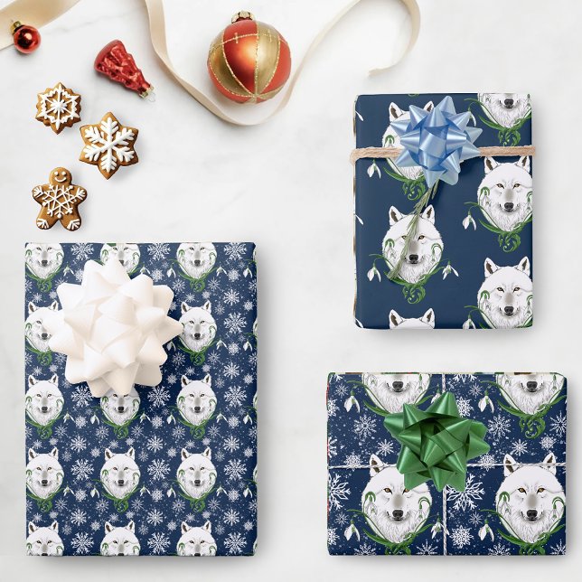 Mystical White Arctic Wolf Winter Snowdrop Blue Wrapping Paper Sheet (Creator Uploaded)