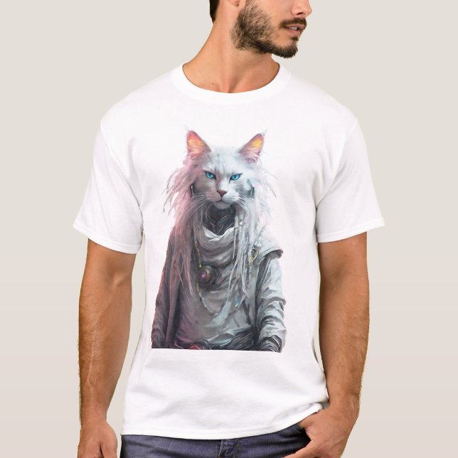 Mystical White Cyber Cat T-Shirt (Front)
