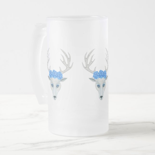 Mystical white Deer Head Antlers Wearing Blue Rose Frosted Glass Beer Mug (Front Left)