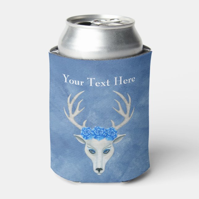 Mystical White Deer Head Blue Eyes Roses Antlers Can Cooler (Can Front)