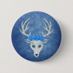 Mystical White Deer Head Blue Eyes Roses on Head 6 Cm Round Badge