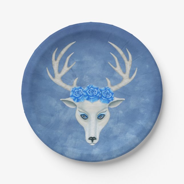 Mystical White Deer Head on Blue Wearing Roses Paper Plate (Front)