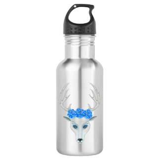 Mystical White Deer Head Wearing Blue Roses Antler 532 Ml Water Bottle