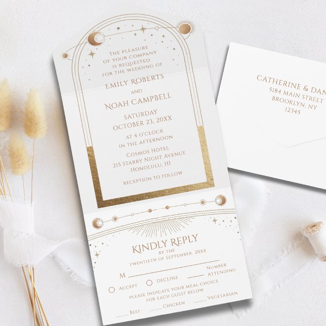 Mystical White Gold Sun Star Moon Astronomy Space All In One Invitation (Creator Uploaded)