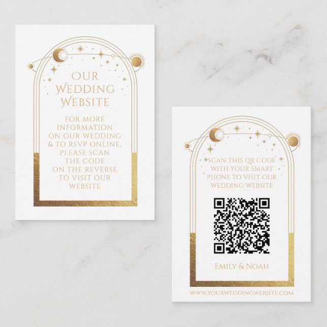 Mystical White Gold Wedding Website RSVP QR Code Enclosure Card (Front/Back)