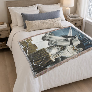 Mystical White Grey Fantasy Unicorn Cat Winter Throw Blanket