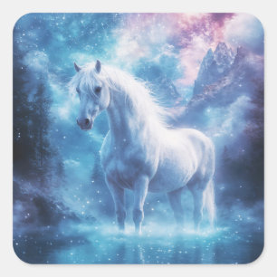 Mystical White Horse in a Cosmic Dreamscape Square Sticker