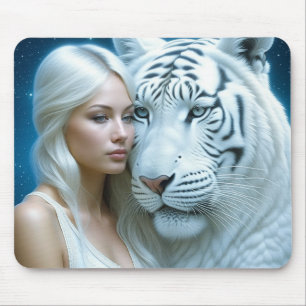 Mystical White Tiger and Woman Magical Mouse Mat