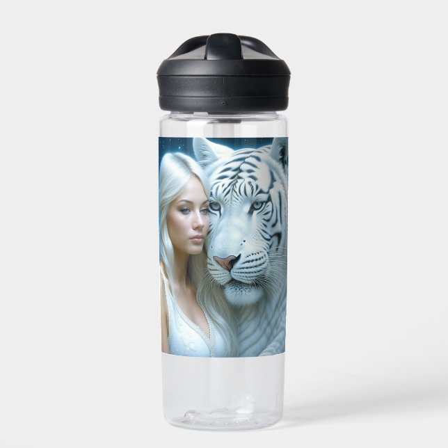 Mystical White Tiger and Woman Personalised Water Bottle (Front)
