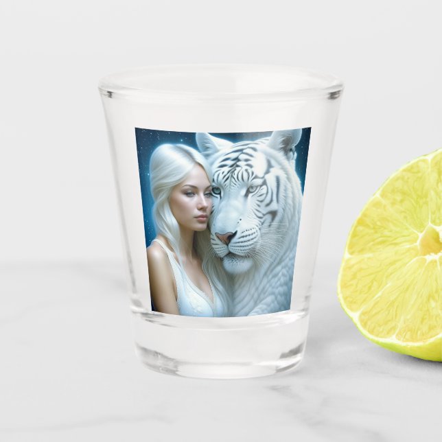 Mystical White Tiger and Woman Shot Glass (Front)
