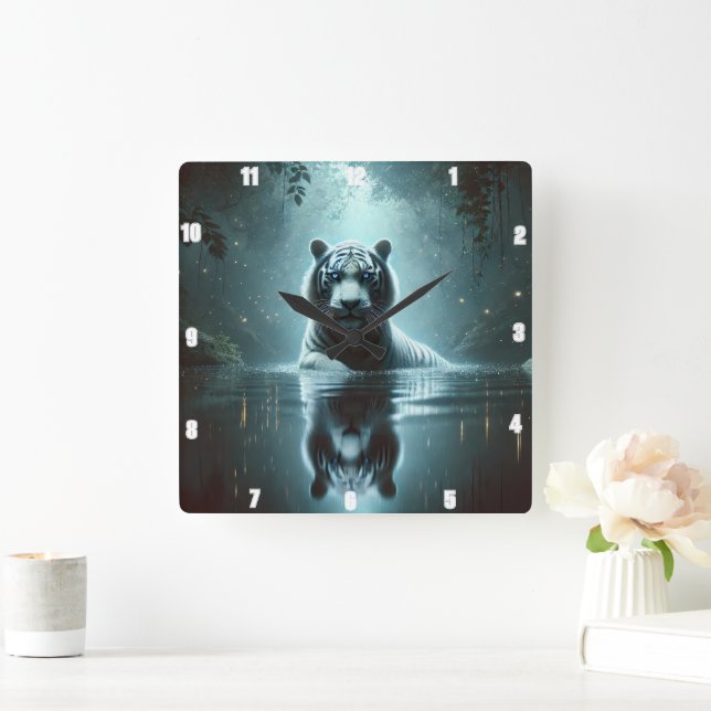 Mystical White Tiger Forest Timepiece Square Wall Clock (Home)