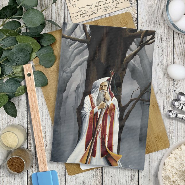 Mystical White Wizard Raven Oak Tree Fantasy Tea Towel (Creator Uploaded)