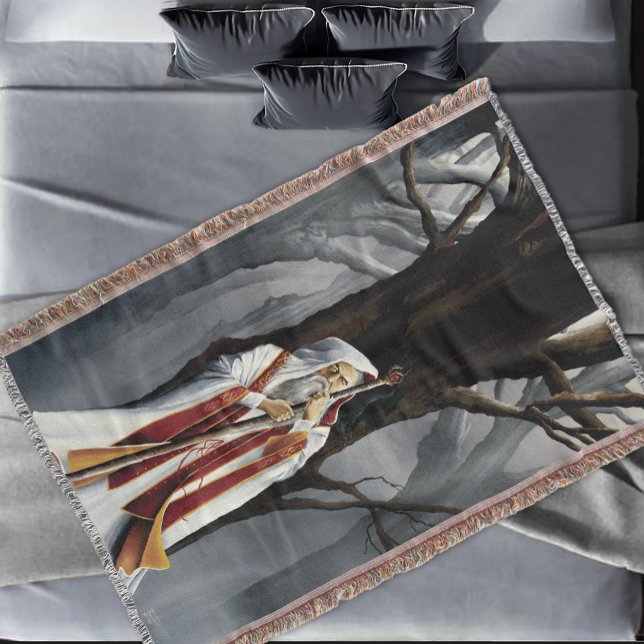 Mystical White Wizard Raven Oak Tree Fantasy Throw Blanket (Creator Uploaded)