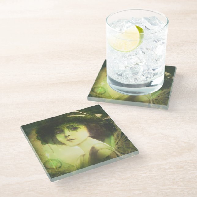 Mystical Willow Tree Fairy Fantasy Art Glass Coaster (Angled)