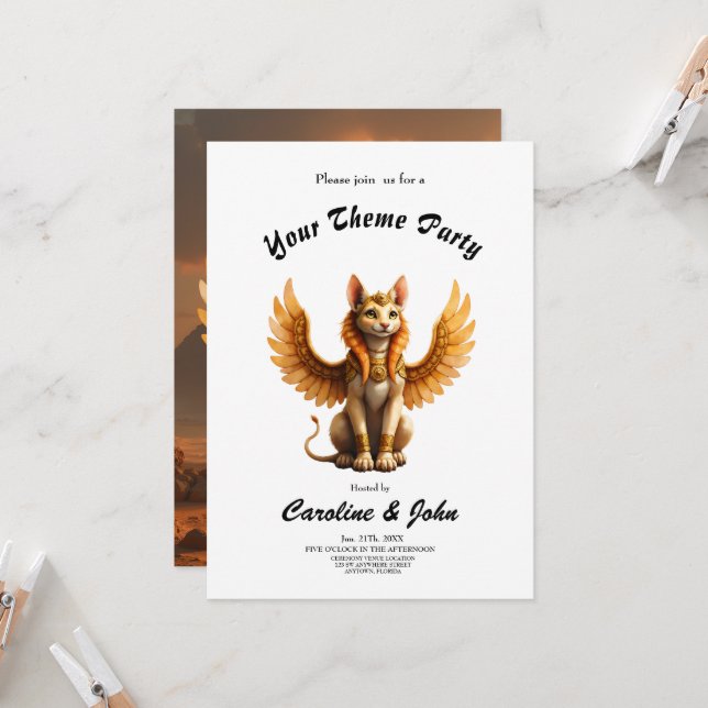 Mystical Winged Cat Sphinx – Egyptian Fantasy Art. Invitation (Front/Back In Situ)