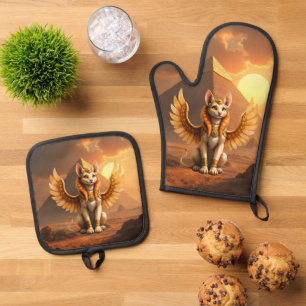 Mystical Winged Cat Sphinx – Egyptian Fantasy Art. Oven Mitt & Pot Holder Set