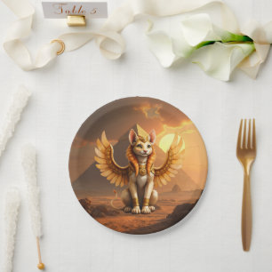 Mystical Winged Cat Sphinx – Egyptian Fantasy Art. Paper Plate