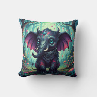 Mystical Winged Elephant in Enchanted Forest  Cushion