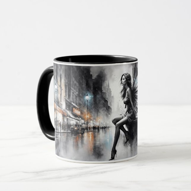 Mystical winged girl black and white urban mug (Front Left)