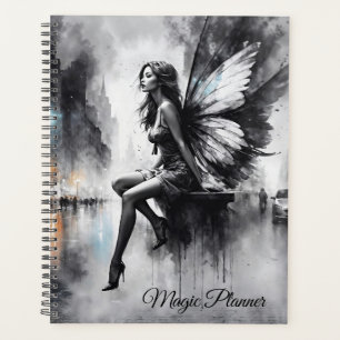 Mystical winged girl black and white urban planner